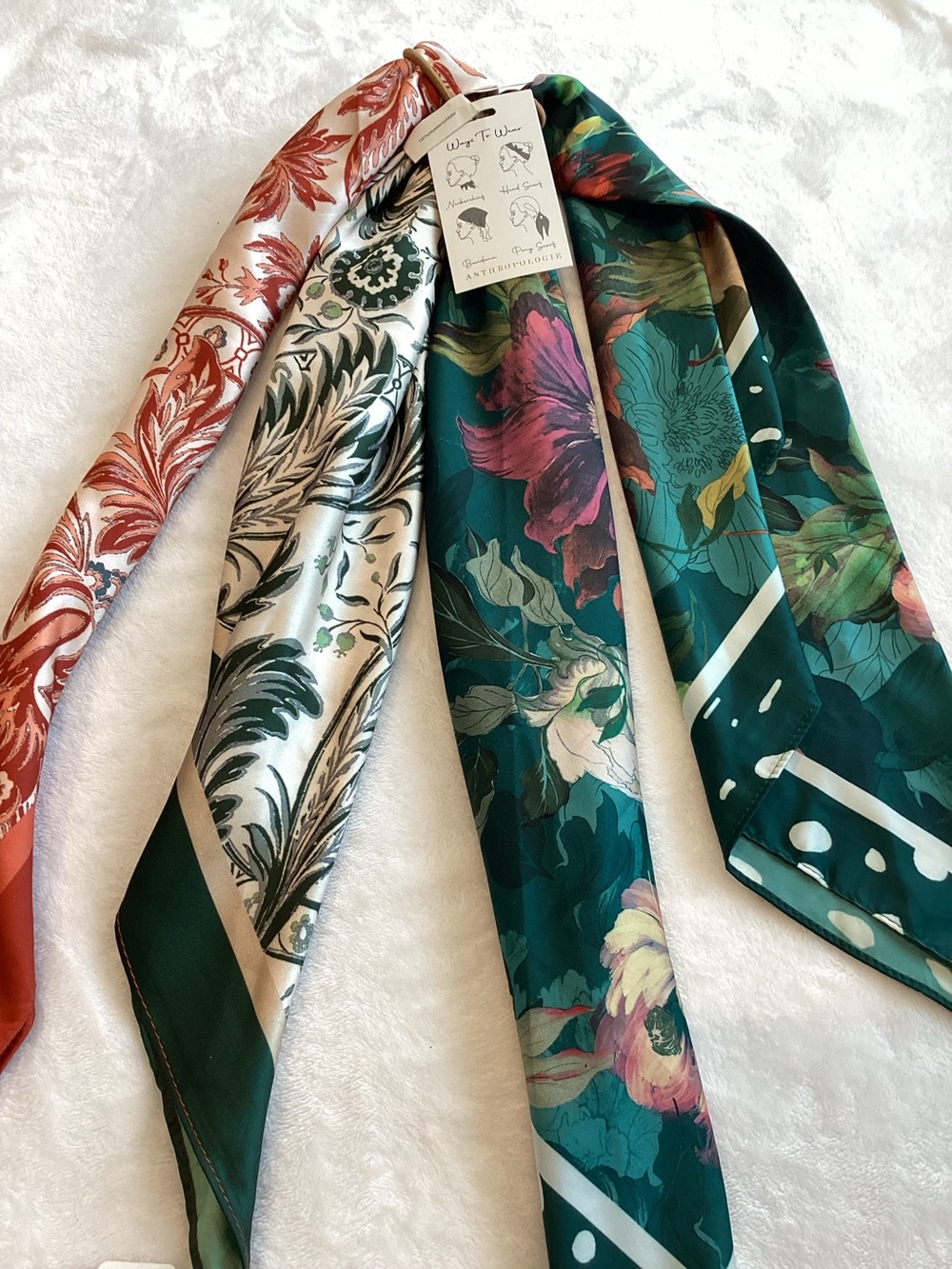 Anthropologie Silky Scarf Bag Head Hair Scarves New Orange Green Floral Set of 2